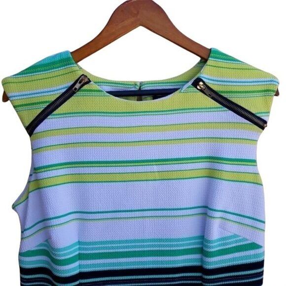 Retro Karin Stevens Zipper Accent Textured Sheath Dress Bright Striped Sz 12 - Picture 7 of 13